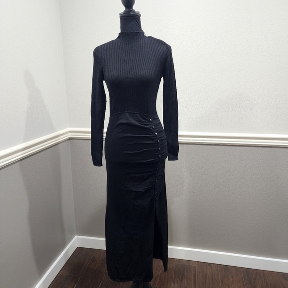 🔥 Sandro-Paris Ruched Wool Blend Midi Leg Slit Long Sleeve Sweater Dress - Picture 11 of 15